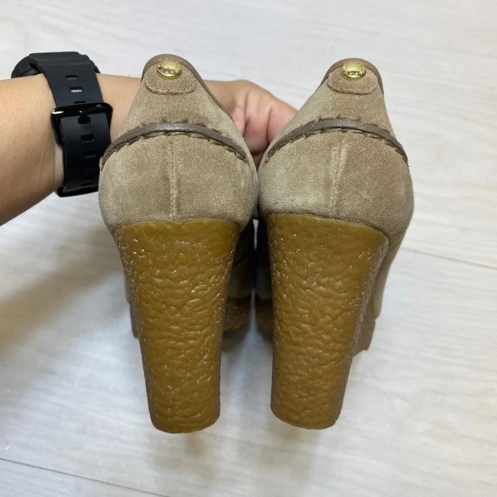 Michael Michael Kors Tan Suede Penny Loafer Wedge Heels Lug Sole‎ Womens 7.5M